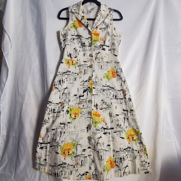Coldwater Creek Dress P10 Travel Sketch Print Sleeveless Button Front - Picture 1 of 11